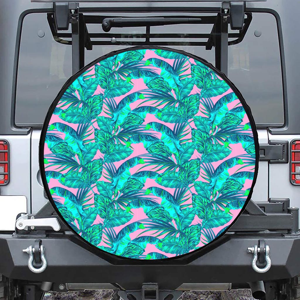 Pink Teal Tropical Leaf Pattern Print Leather Spare Tire Cover