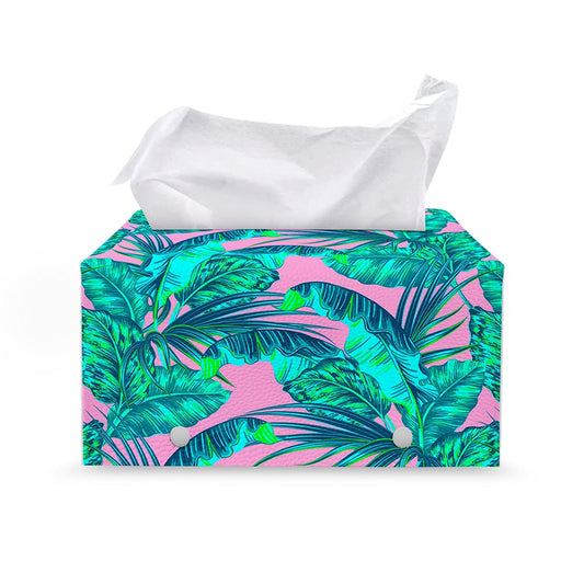 Pink Teal Tropical Leaf Pattern Print Leather Tissue Box Cover