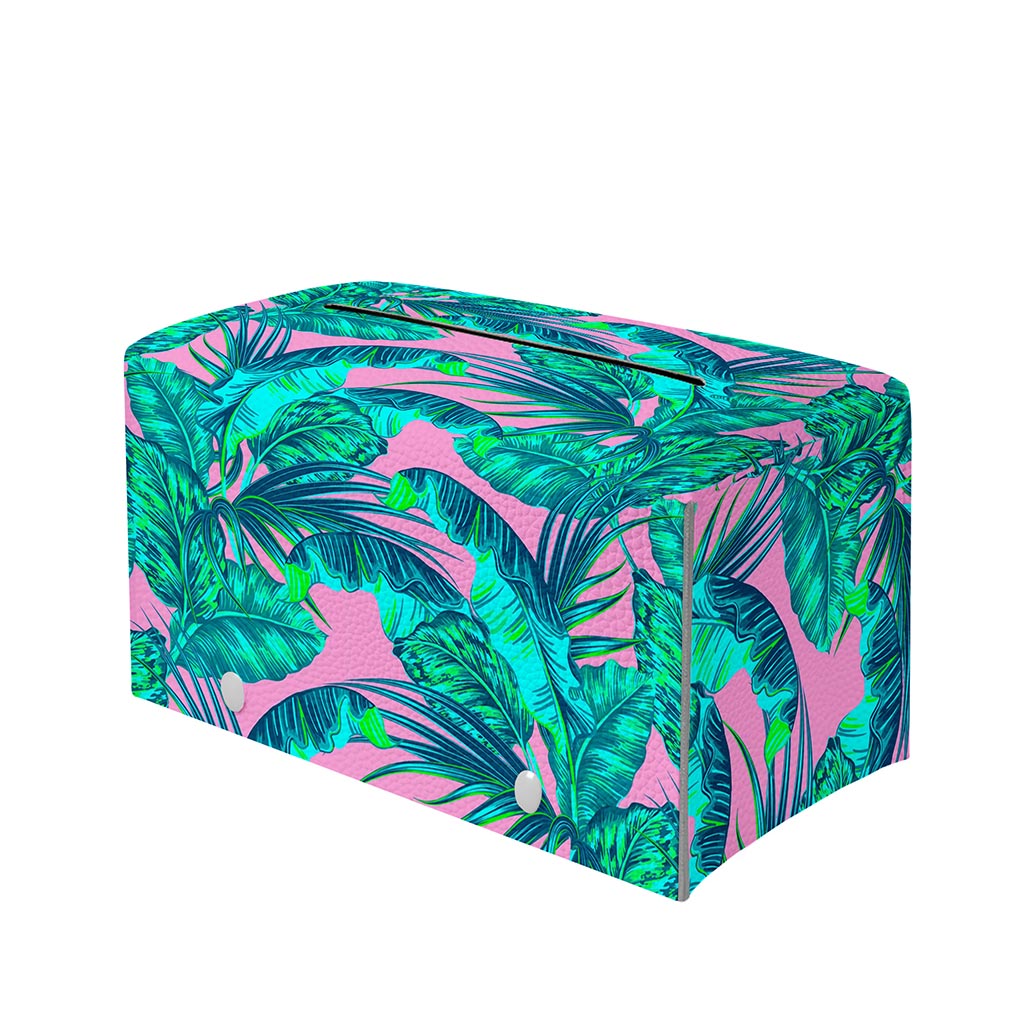 Pink Teal Tropical Leaf Pattern Print Leather Tissue Box Cover
