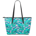 Pink Teal Tropical Leaf Pattern Print Leather Tote Bag With Zipper