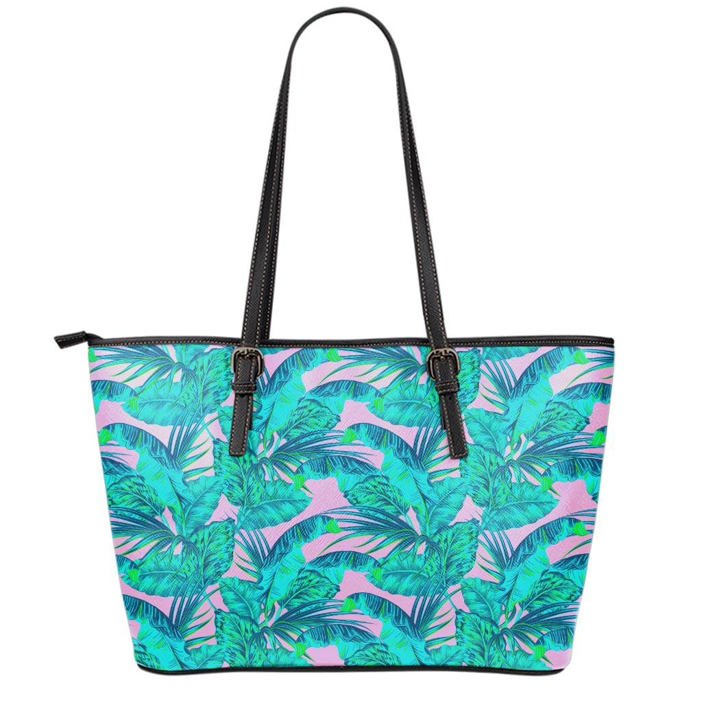 Pink Teal Tropical Leaf Pattern Print Leather Tote Bag