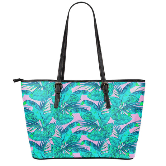 Pink Teal Tropical Leaf Pattern Print Leather Tote Bag