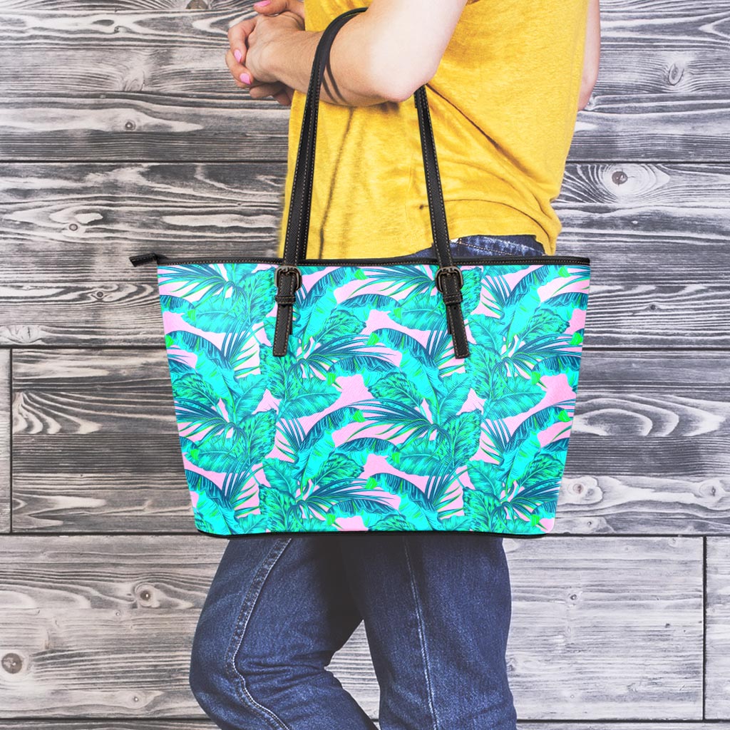 Pink Teal Tropical Leaf Pattern Print Leather Tote Bag