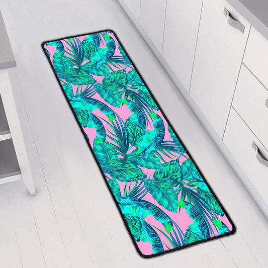 Pink Teal Tropical Leaf Pattern Print Long Kitchen Mat