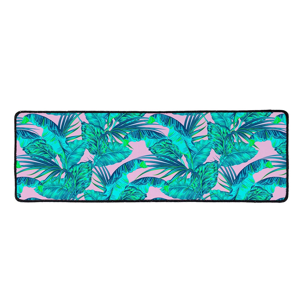 Pink Teal Tropical Leaf Pattern Print Long Kitchen Mat