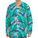 Pink Teal Tropical Leaf Pattern Print Long Sleeve Baseball Jersey