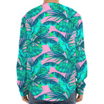 Pink Teal Tropical Leaf Pattern Print Long Sleeve Baseball Jersey