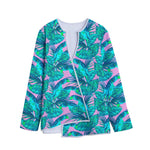 Pink Teal Tropical Leaf Pattern Print Long Sleeve Short Coat