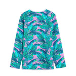 Pink Teal Tropical Leaf Pattern Print Long Sleeve Short Coat