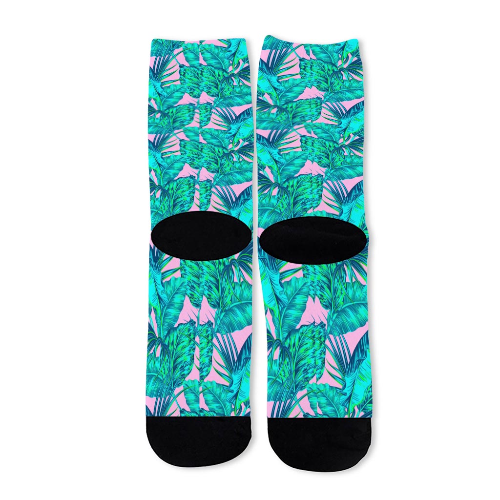 Pink Teal Tropical Leaf Pattern Print Long Socks