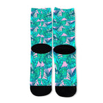Pink Teal Tropical Leaf Pattern Print Long Socks