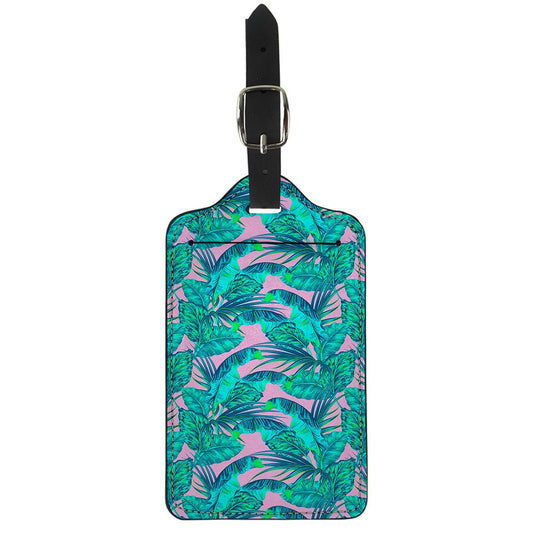 Pink Teal Tropical Leaf Pattern Print Luggage Tag