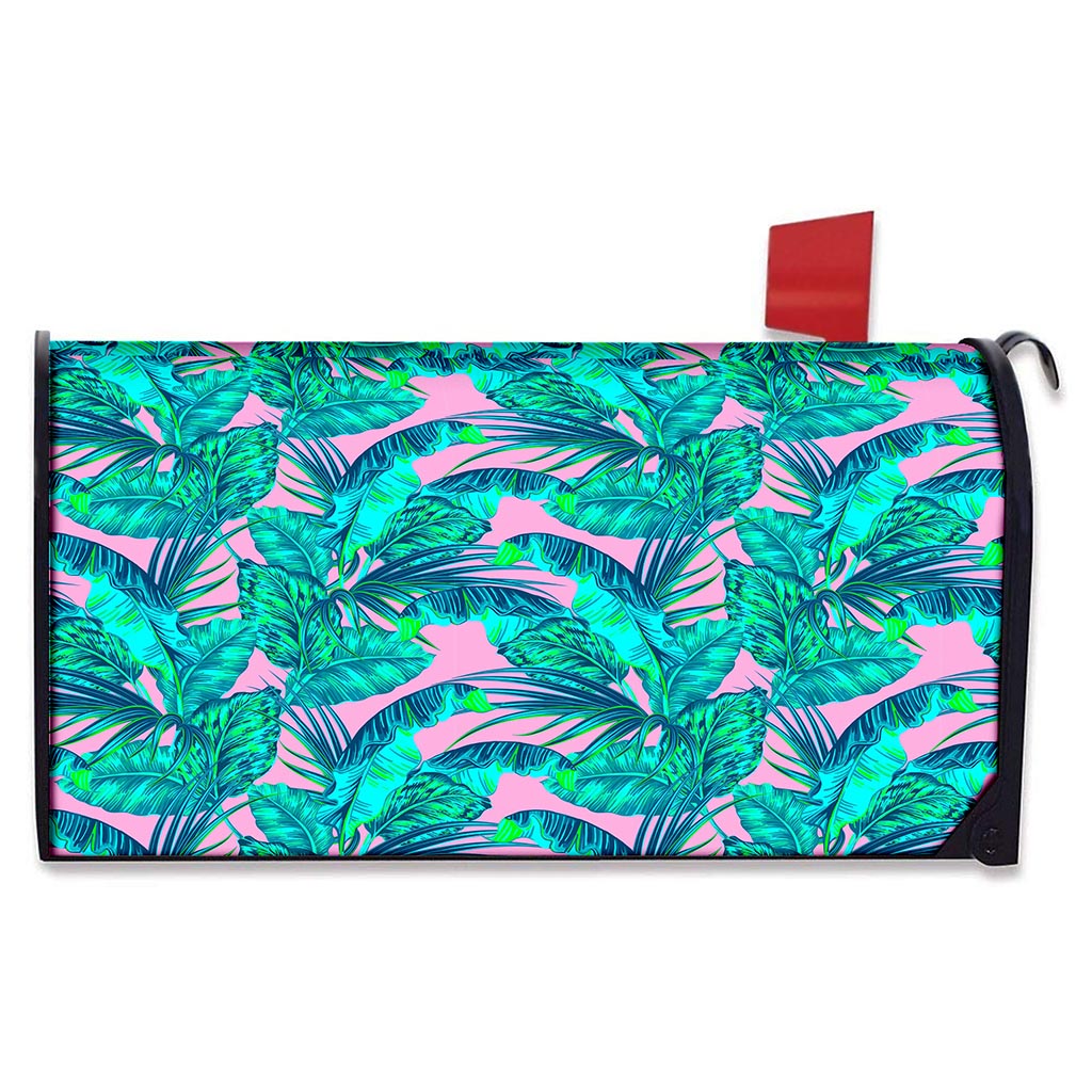 Pink Teal Tropical Leaf Pattern Print Mailbox Cover