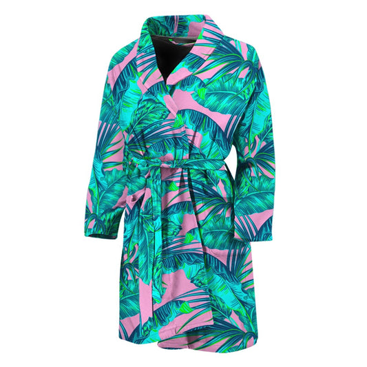 Pink Teal Tropical Leaf Pattern Print Men's Bathrobe