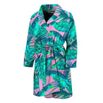 Pink Teal Tropical Leaf Pattern Print Men's Bathrobe