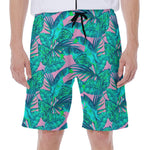 Pink Teal Tropical Leaf Pattern Print Men's Beach Shorts