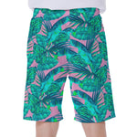 Pink Teal Tropical Leaf Pattern Print Men's Beach Shorts