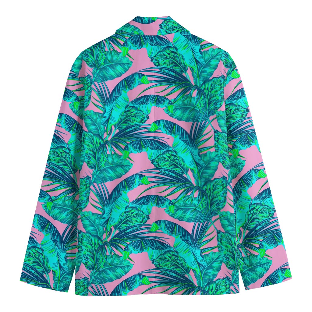 Pink Teal Tropical Leaf Pattern Print Men's Blazer