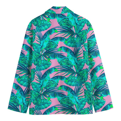 Pink Teal Tropical Leaf Pattern Print Men's Blazer