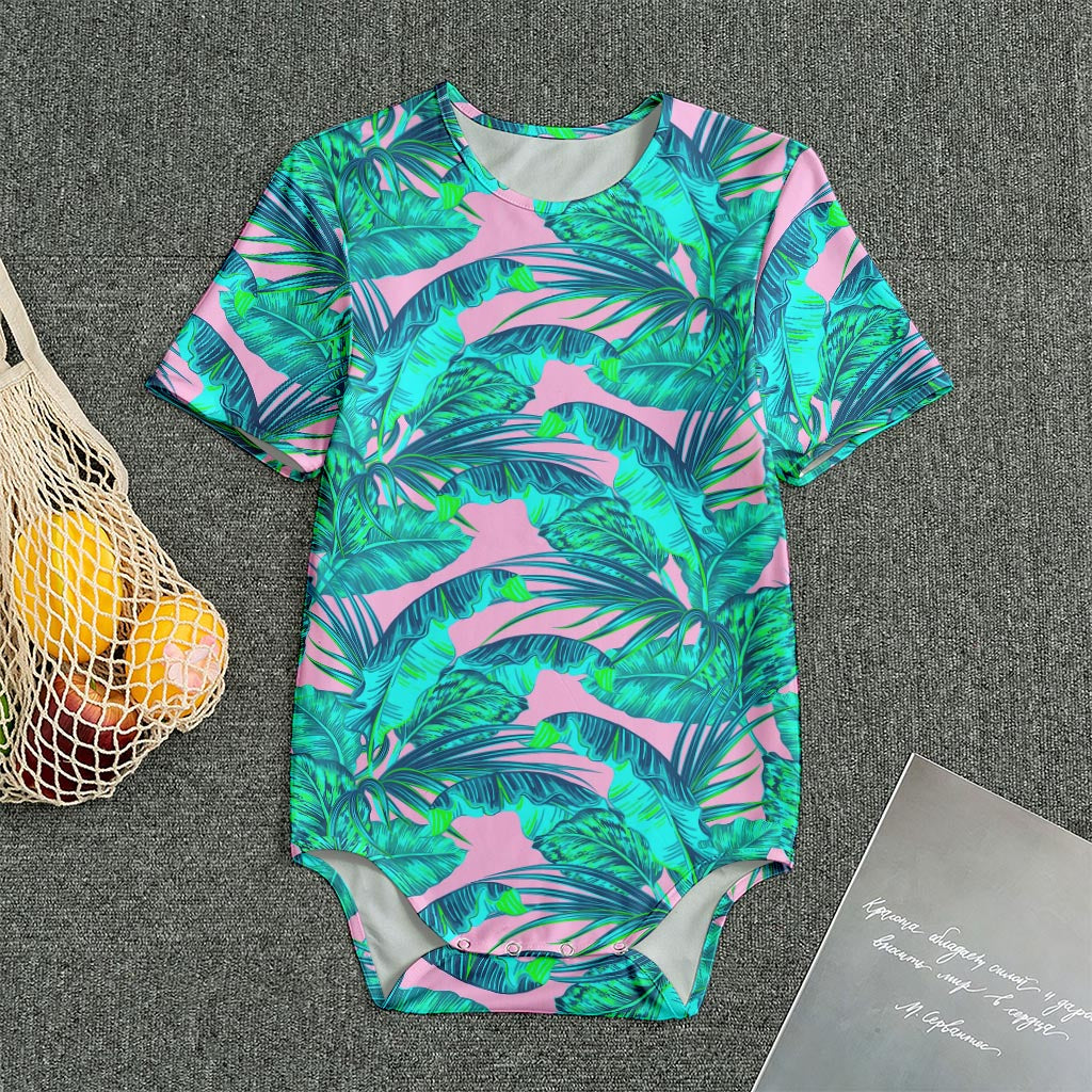 Pink Teal Tropical Leaf Pattern Print Men's Bodysuit