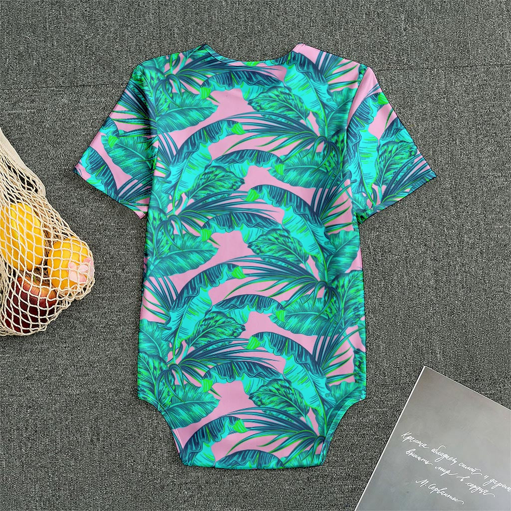 Pink Teal Tropical Leaf Pattern Print Men's Bodysuit