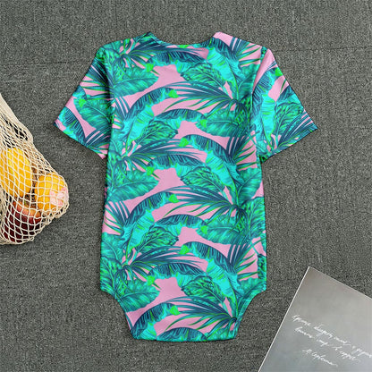 Pink Teal Tropical Leaf Pattern Print Men's Bodysuit