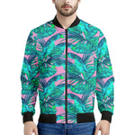 Pink Teal Tropical Leaf Pattern Print Men's Bomber Jacket