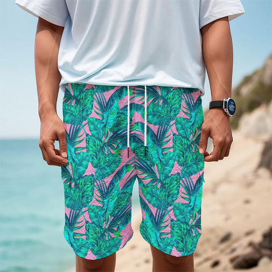 Pink Teal Tropical Leaf Pattern Print Men's Cargo Shorts