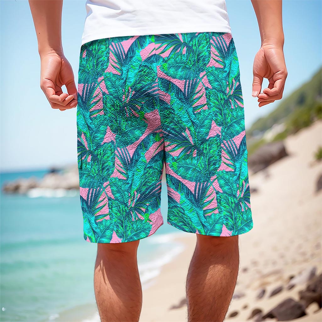 Pink Teal Tropical Leaf Pattern Print Men's Cargo Shorts