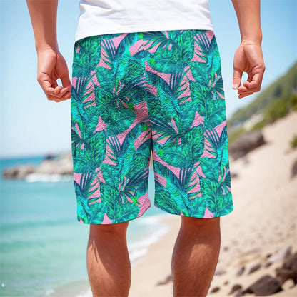 Pink Teal Tropical Leaf Pattern Print Men's Cargo Shorts