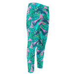 Pink Teal Tropical Leaf Pattern Print Men's Compression Pants