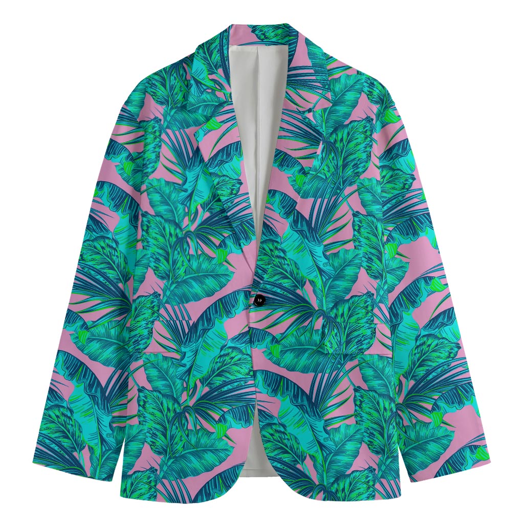 Pink Teal Tropical Leaf Pattern Print Men's Cotton Blazer