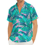 Pink Teal Tropical Leaf Pattern Print Men's Deep V-Neck Shirt