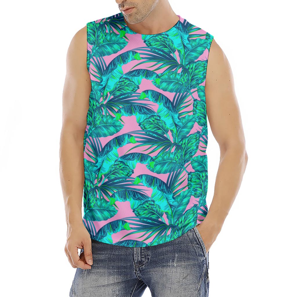 Pink Teal Tropical Leaf Pattern Print Men's Fitness Tank Top