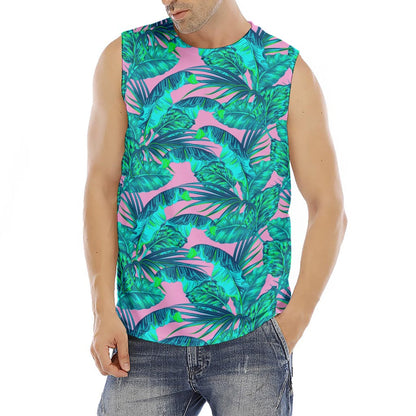 Pink Teal Tropical Leaf Pattern Print Men's Fitness Tank Top