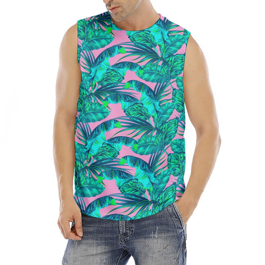 Pink Teal Tropical Leaf Pattern Print Men's Fitness Tank Top