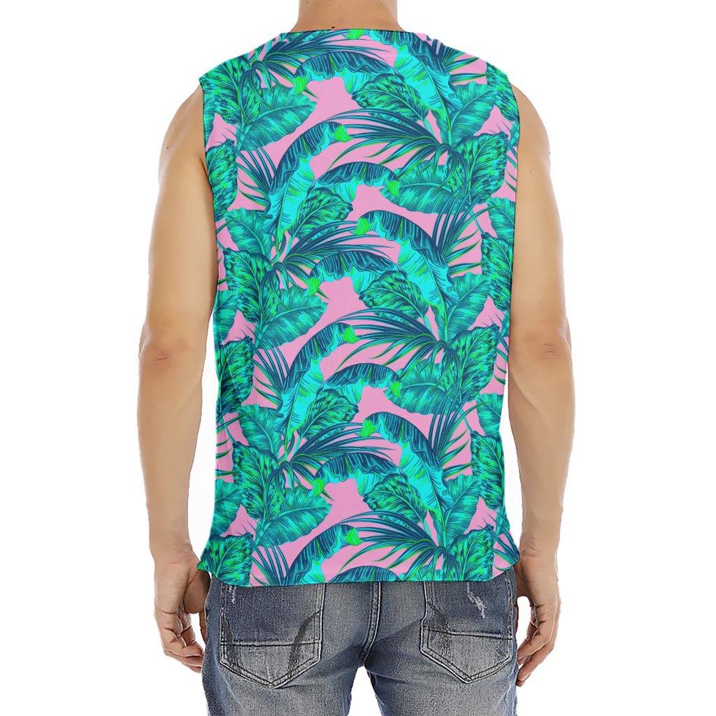 Pink Teal Tropical Leaf Pattern Print Men's Fitness Tank Top