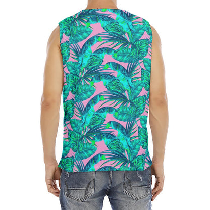 Pink Teal Tropical Leaf Pattern Print Men's Fitness Tank Top