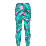 Pink Teal Tropical Leaf Pattern Print Men's leggings