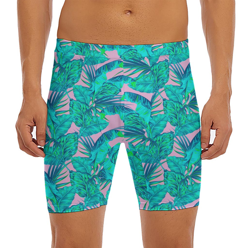 Pink Teal Tropical Leaf Pattern Print Men's Long Boxer Briefs