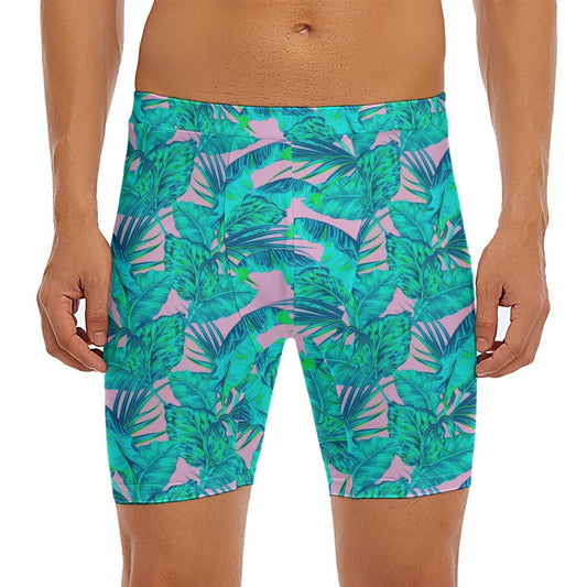 Pink Teal Tropical Leaf Pattern Print Men's Long Boxer Briefs