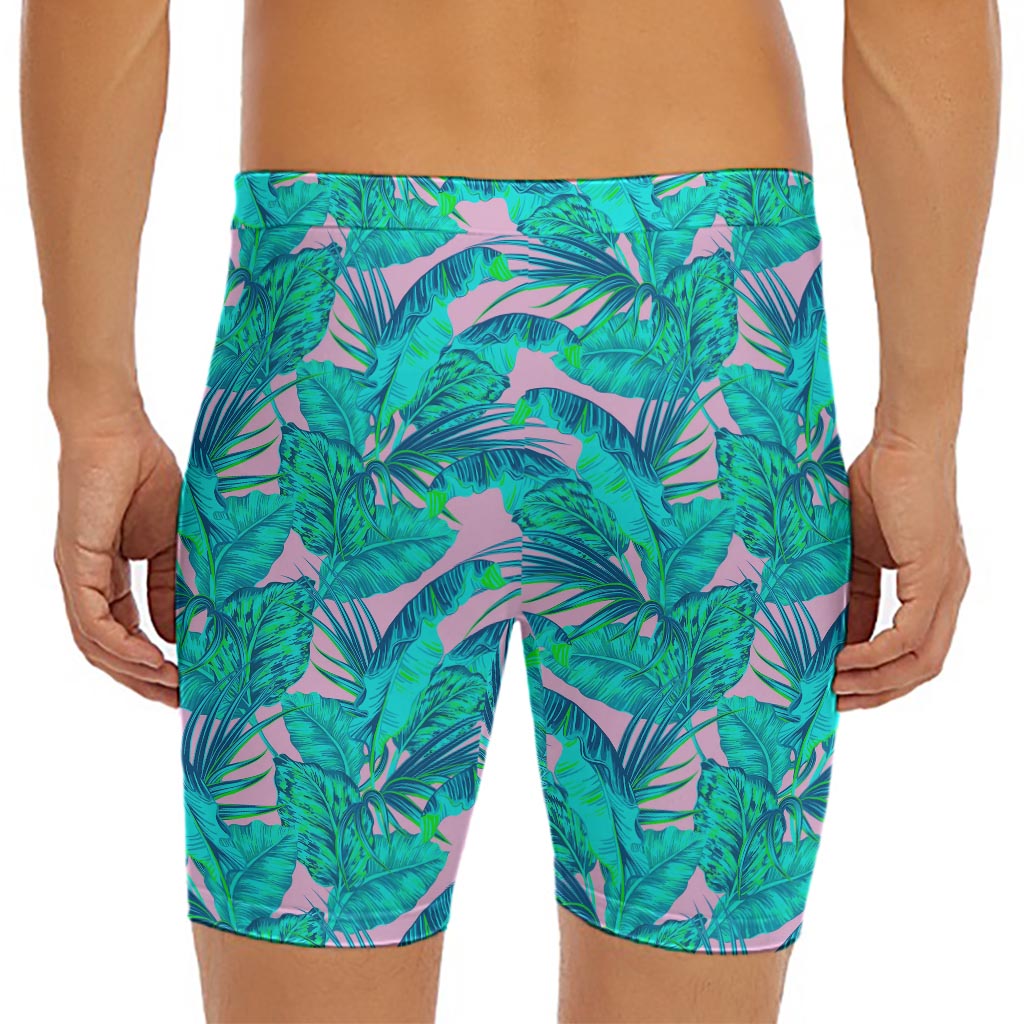 Pink Teal Tropical Leaf Pattern Print Men's Long Boxer Briefs