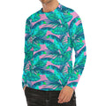 Pink Teal Tropical Leaf Pattern Print Men's Long Sleeve Rash Guard