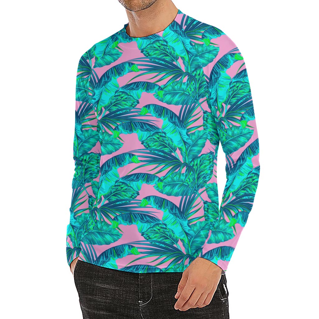 Pink Teal Tropical Leaf Pattern Print Men's Long Sleeve Rash Guard