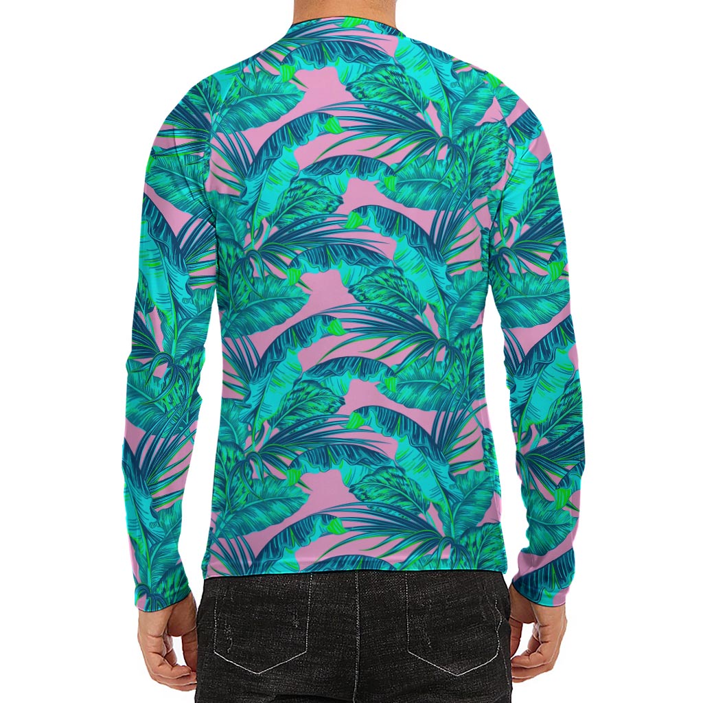 Pink Teal Tropical Leaf Pattern Print Men's Long Sleeve Rash Guard