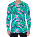 Pink Teal Tropical Leaf Pattern Print Men's Long Sleeve T-Shirt