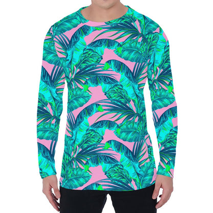 Pink Teal Tropical Leaf Pattern Print Men's Long Sleeve T-Shirt