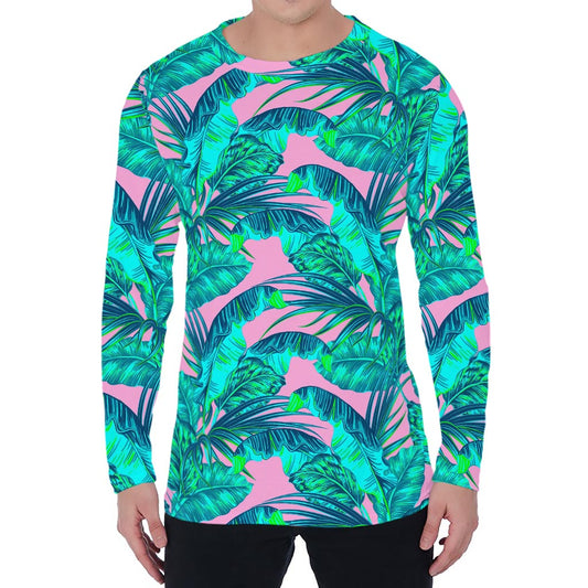 Pink Teal Tropical Leaf Pattern Print Men's Long Sleeve T-Shirt