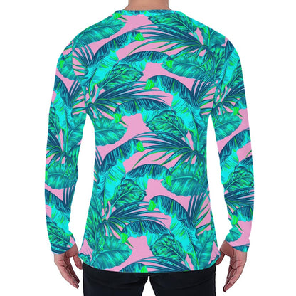 Pink Teal Tropical Leaf Pattern Print Men's Long Sleeve T-Shirt