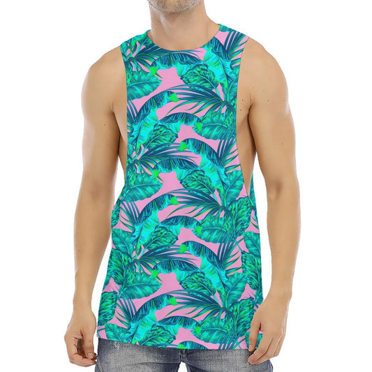 Pink Teal Tropical Leaf Pattern Print Men's Muscle Tank Top